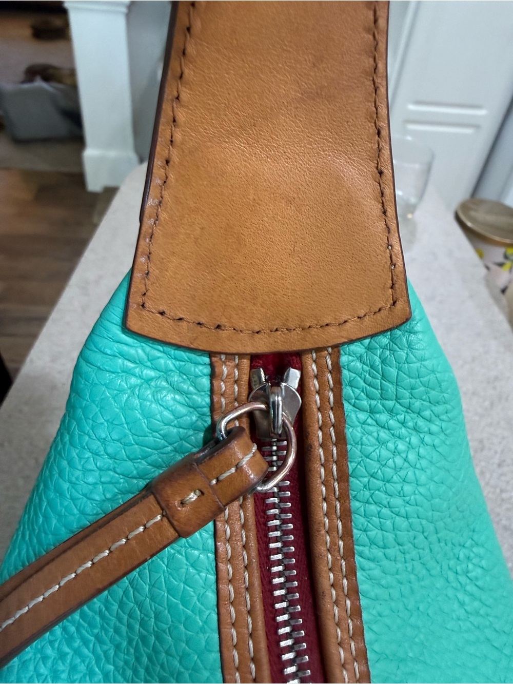 Dooney & Bourke Turquoise Pebbled Leather Shoulder Hobo bag w/ Tan Trim Tassel - Picture 4 of 16